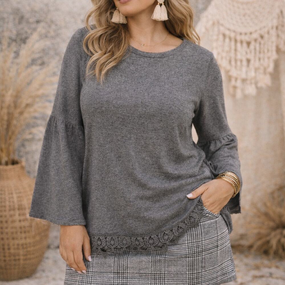 Grey Knit Blouse Large Bell Sleeve Crochet Lace Hem Top | Angels Forever Young